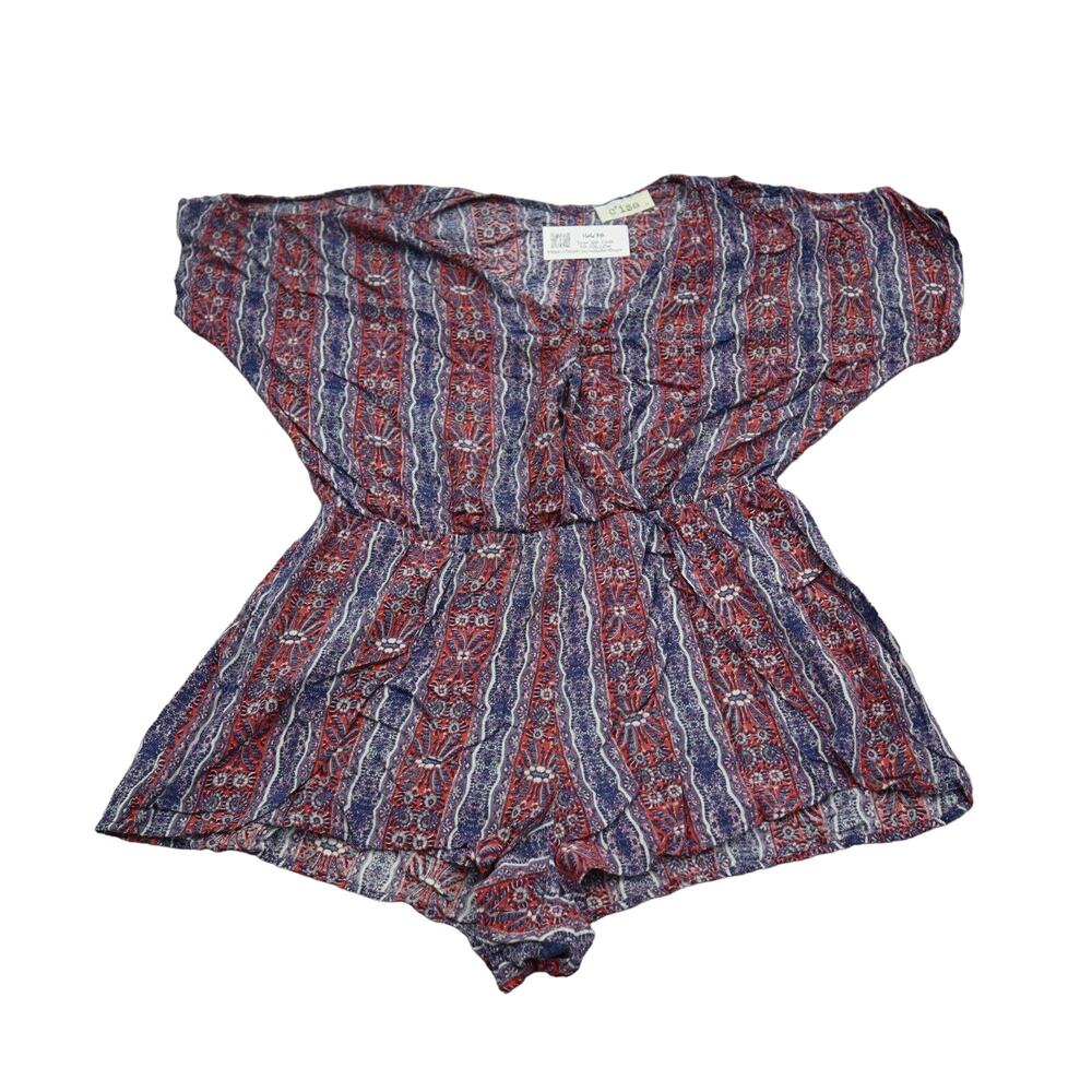 C isa Romper Womens M Red Blue Short Sleeve VNeck Button Stripe Rayon One Piece